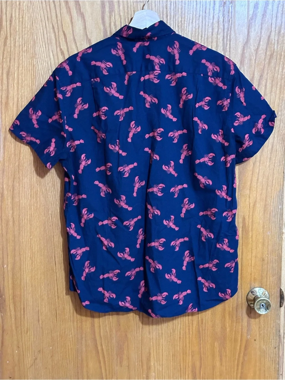 J. Crew Navy Short-Sleeve Button-Up with Red Lobster Print sz large coastal